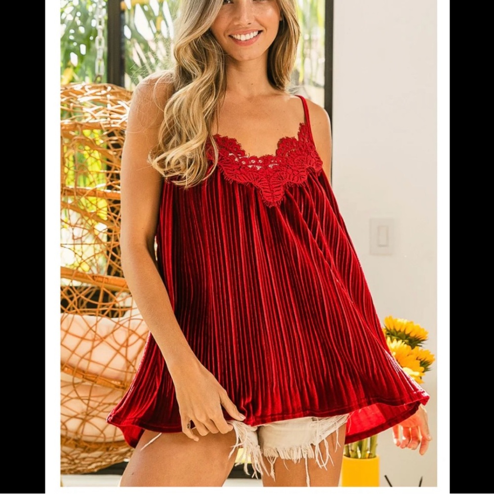 BiBi Red Pleated Velvet Lace Trim Cami Top